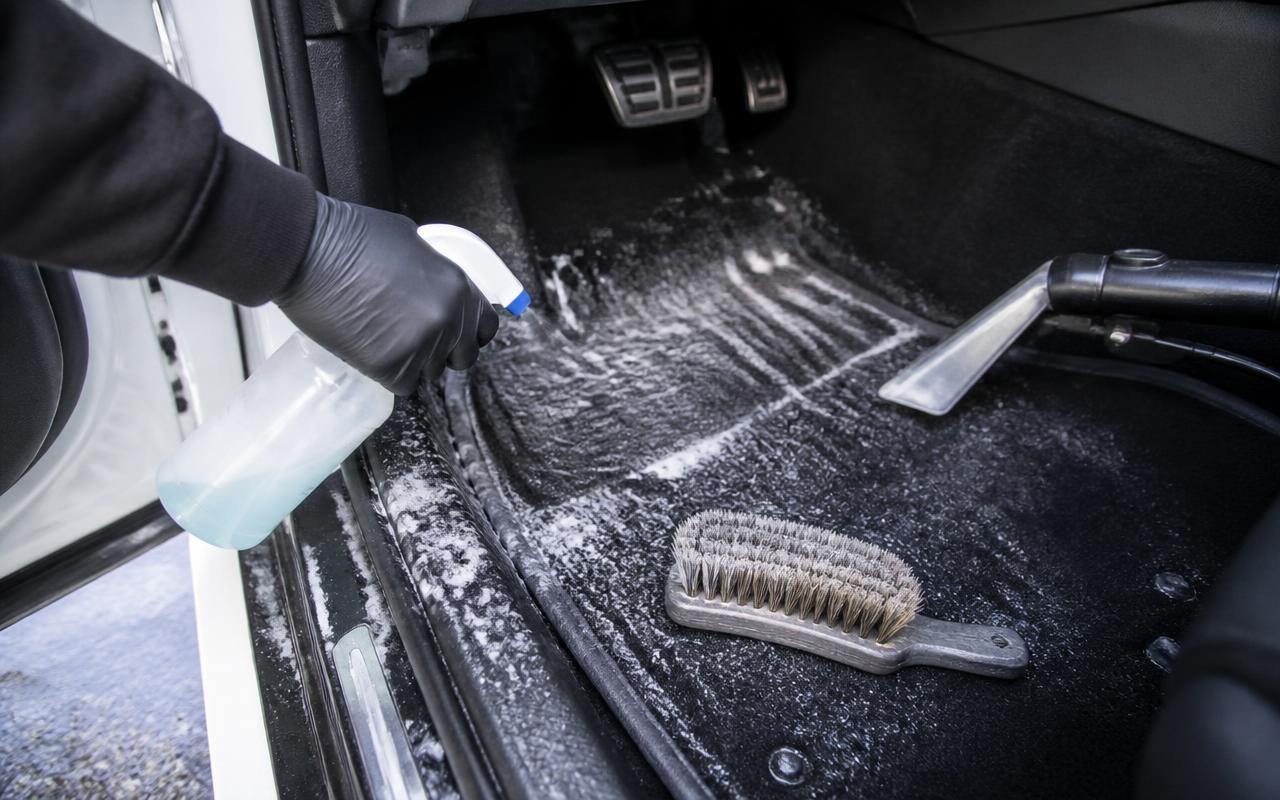 Salt-removal cleaner being sprayed on a car footwell with a detail brush and extractor wand ready